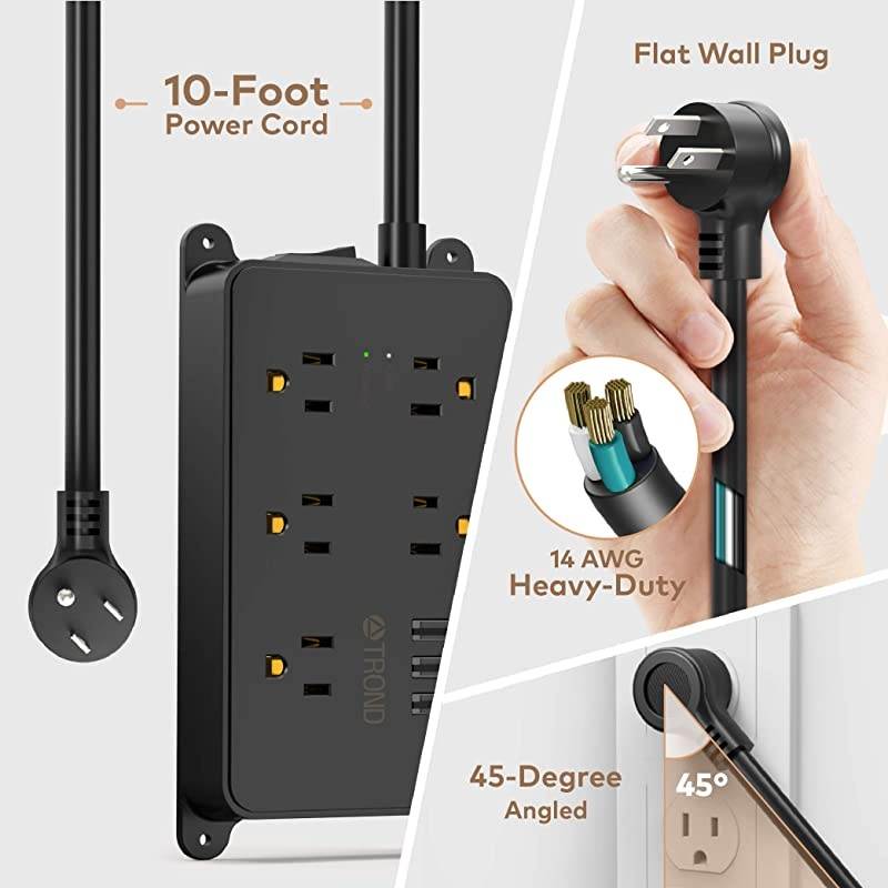Surge Protector Power Strip with USB ETL Listed  5 WidelySpaced Outlets 3 USB Ports 1300 Joules LowProfile Flat Plug 10ft Extension Cord Wall Mountable Black