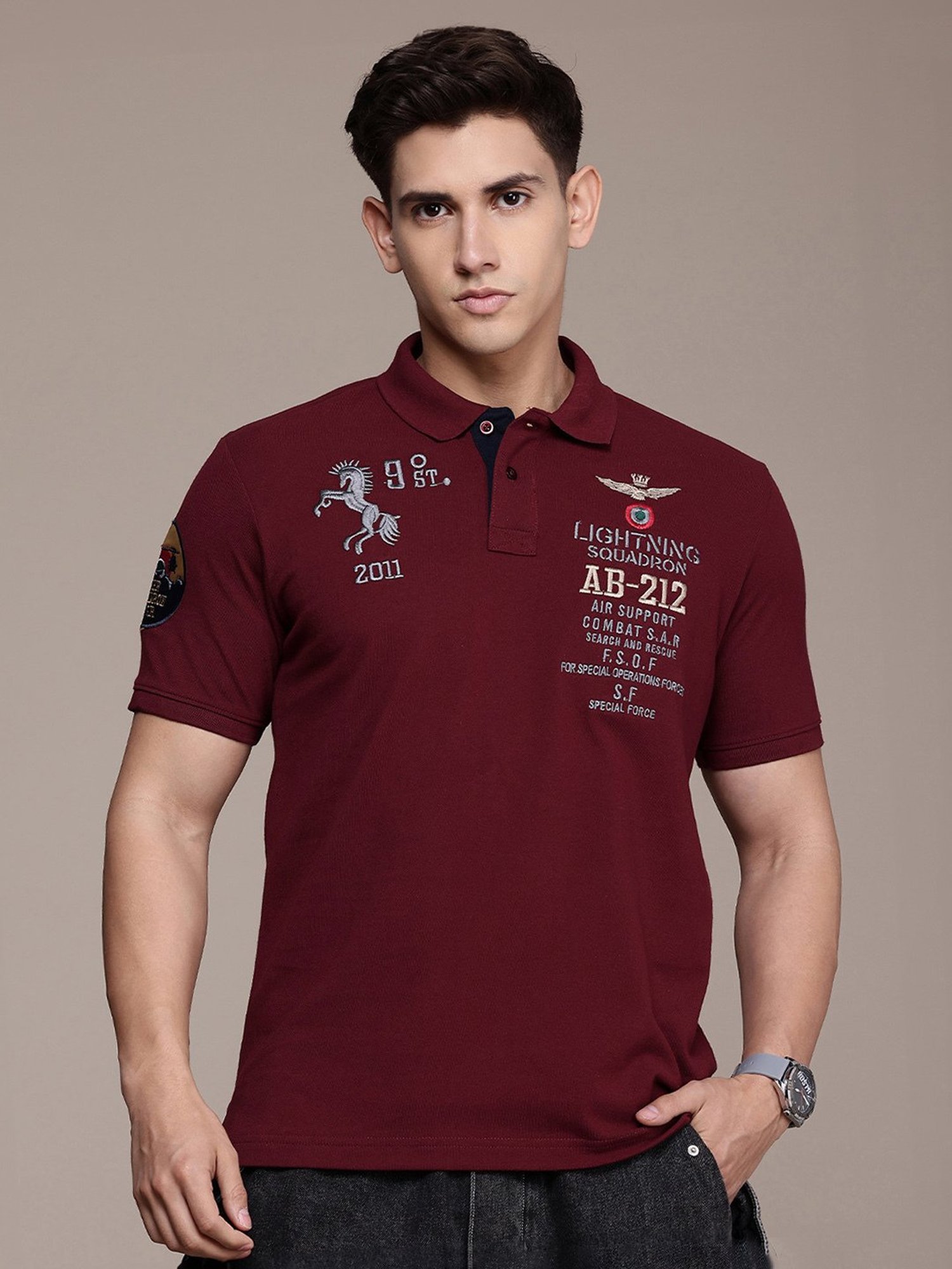 Burnt Umber Maroon Regular Fit Embroidered Polo T-Shirt