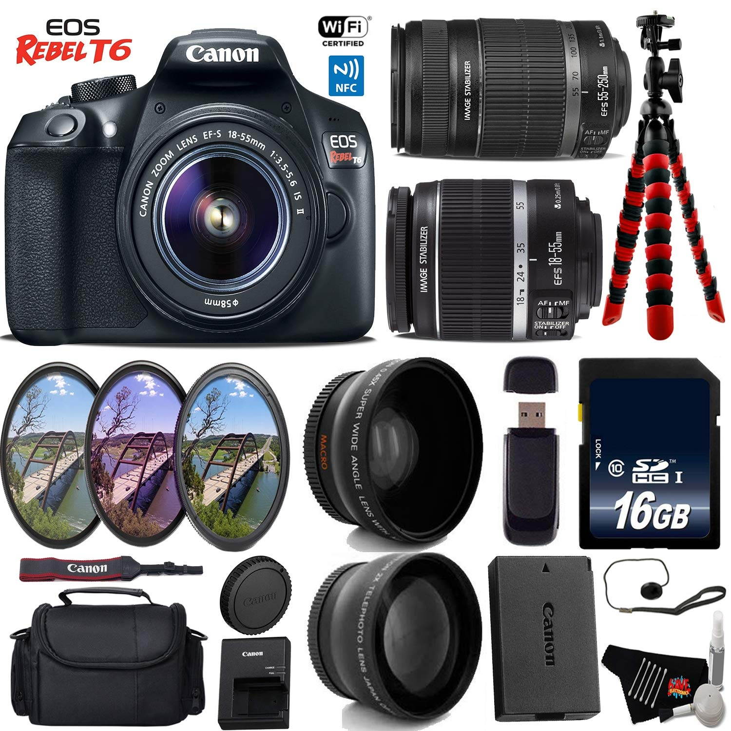 Canon EOS Rebel T6 DSLR Camera with 18-55mm IS Lens & 55-250mm IS II Lens + UV FLD CPL Filter Kit + Wide Angle & Telephoto Lens + Camera Case + Tripod + Card Reader + Bundle (Intl Model)