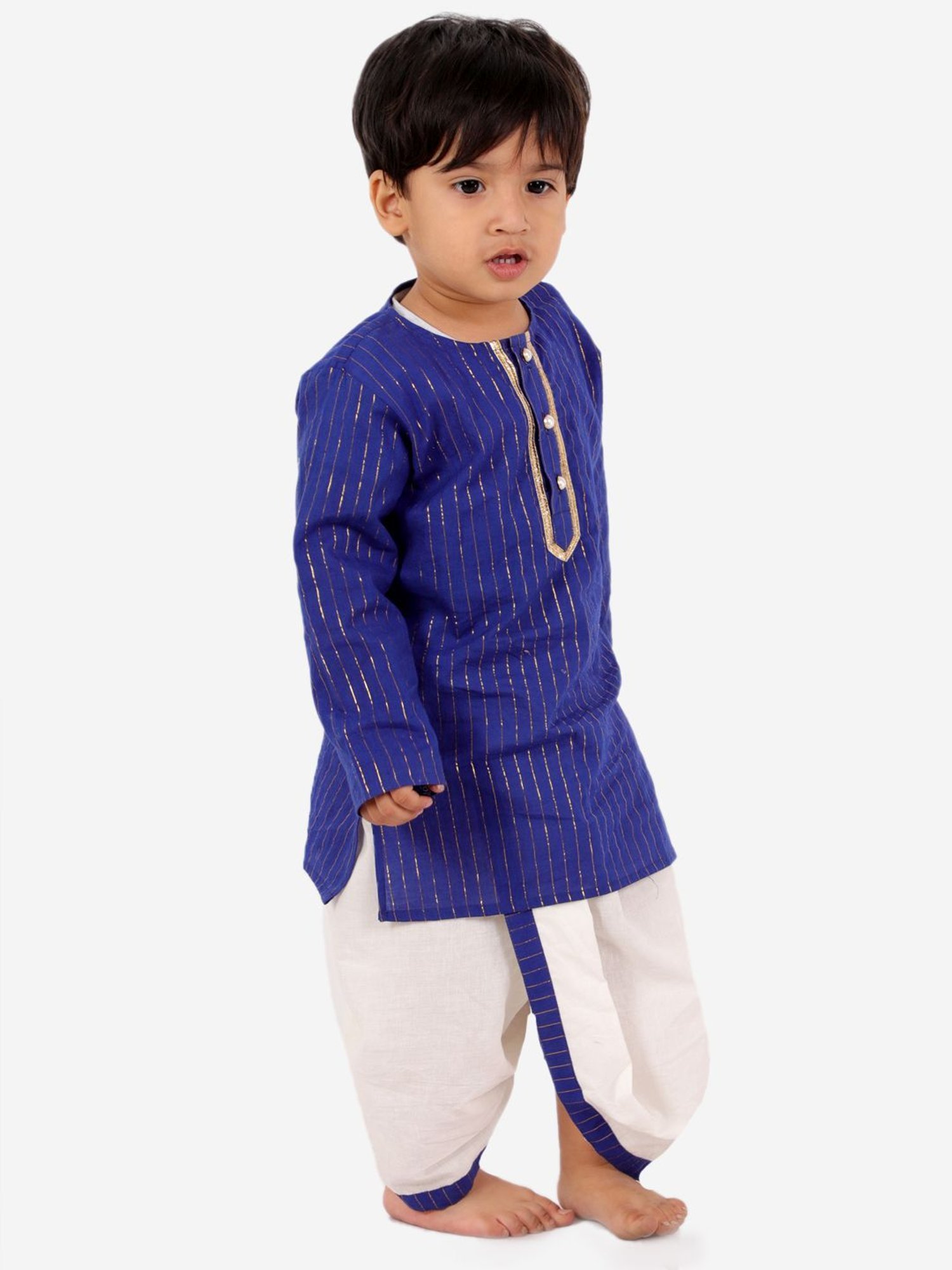 Little Bansi Kids Royal Blue Cotton Striped Kurta Set