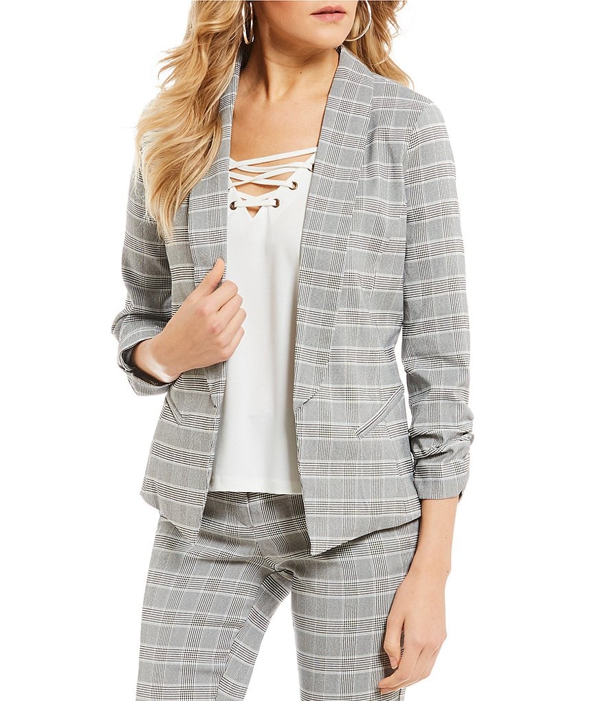 Takara Ruched-Sleeve Coordinating Menswear Plaid Blazer