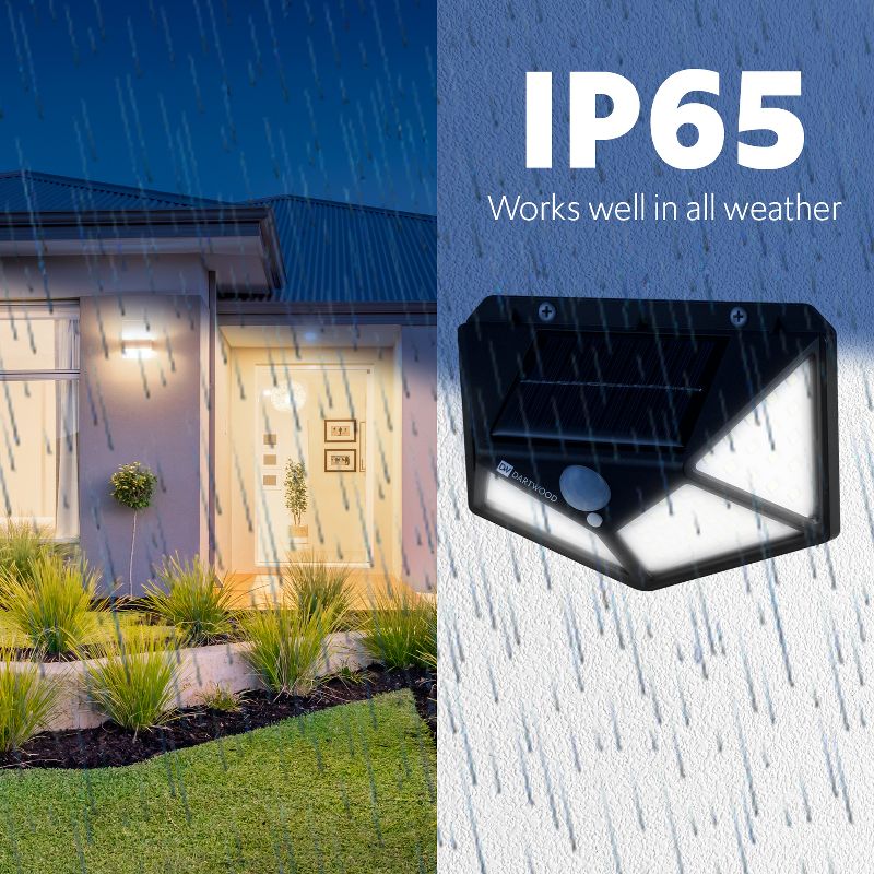 Dartwood Outdoor Solar Lights with Motion Sensor, 100 LED, 450 Lumens Bright Weatherproof Wall Spotlight for Gardens Porches Walkways Patios (2 Pack)