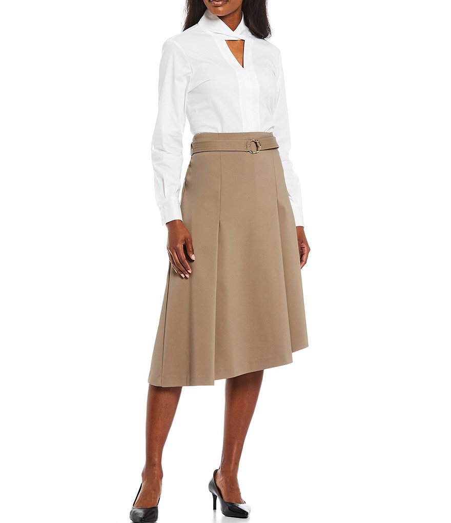 Donna Karan New York Tech Cotton Front Pleat Belted Skirt