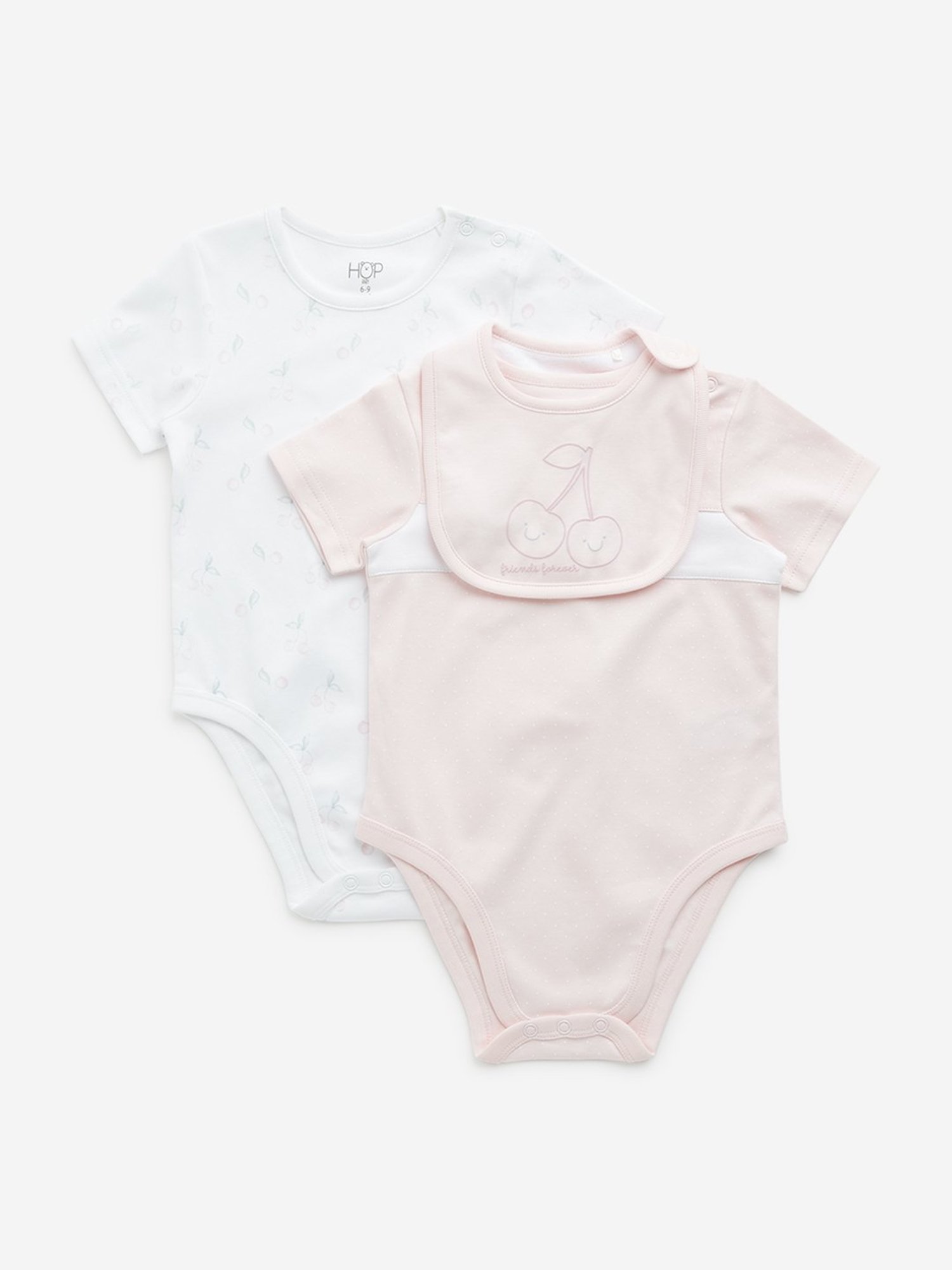 HOP Baby by Westside Pink Printed Cotton Rompers & Bib - Pack of 2