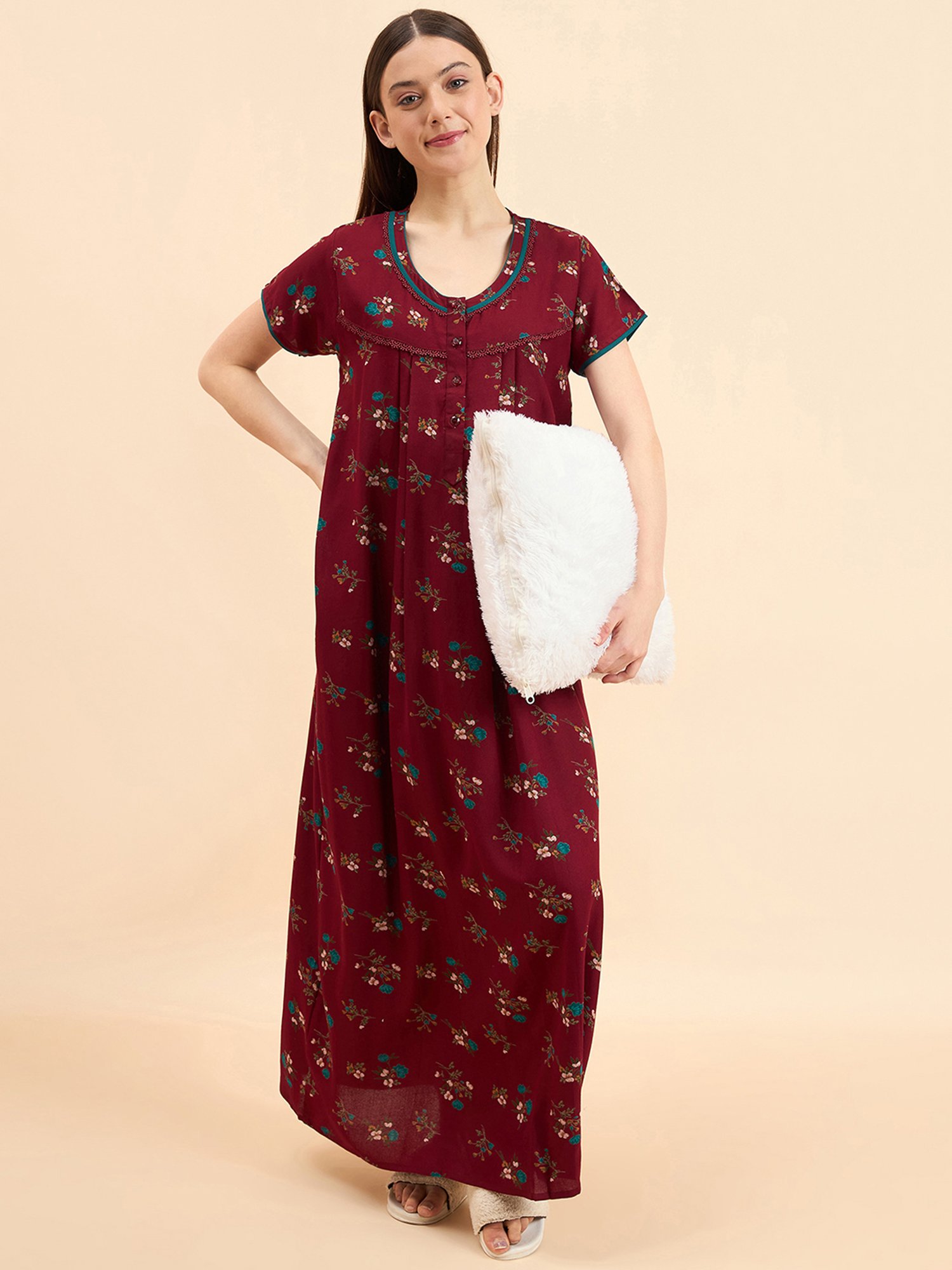 Sweet Dreams Maroon Cotton Floral Print Nighty