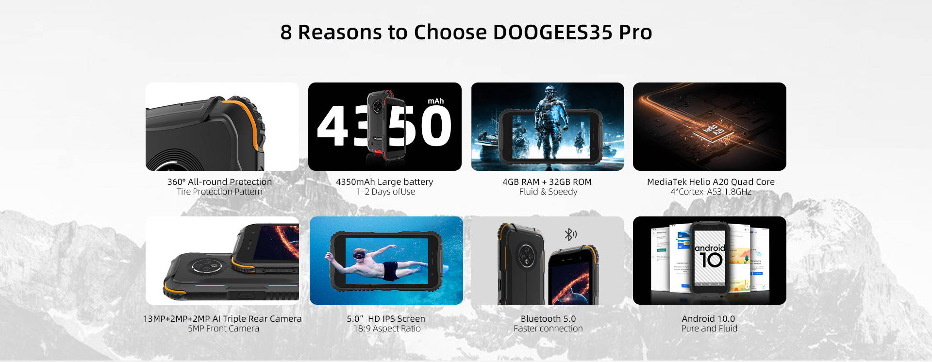 DOOGEE S35 Pro Smartphone, Android 10.0, Quad Core, 4GB + 32GB, IP68 Water Resistant, Triple IA Rear Camera, 4350mAh