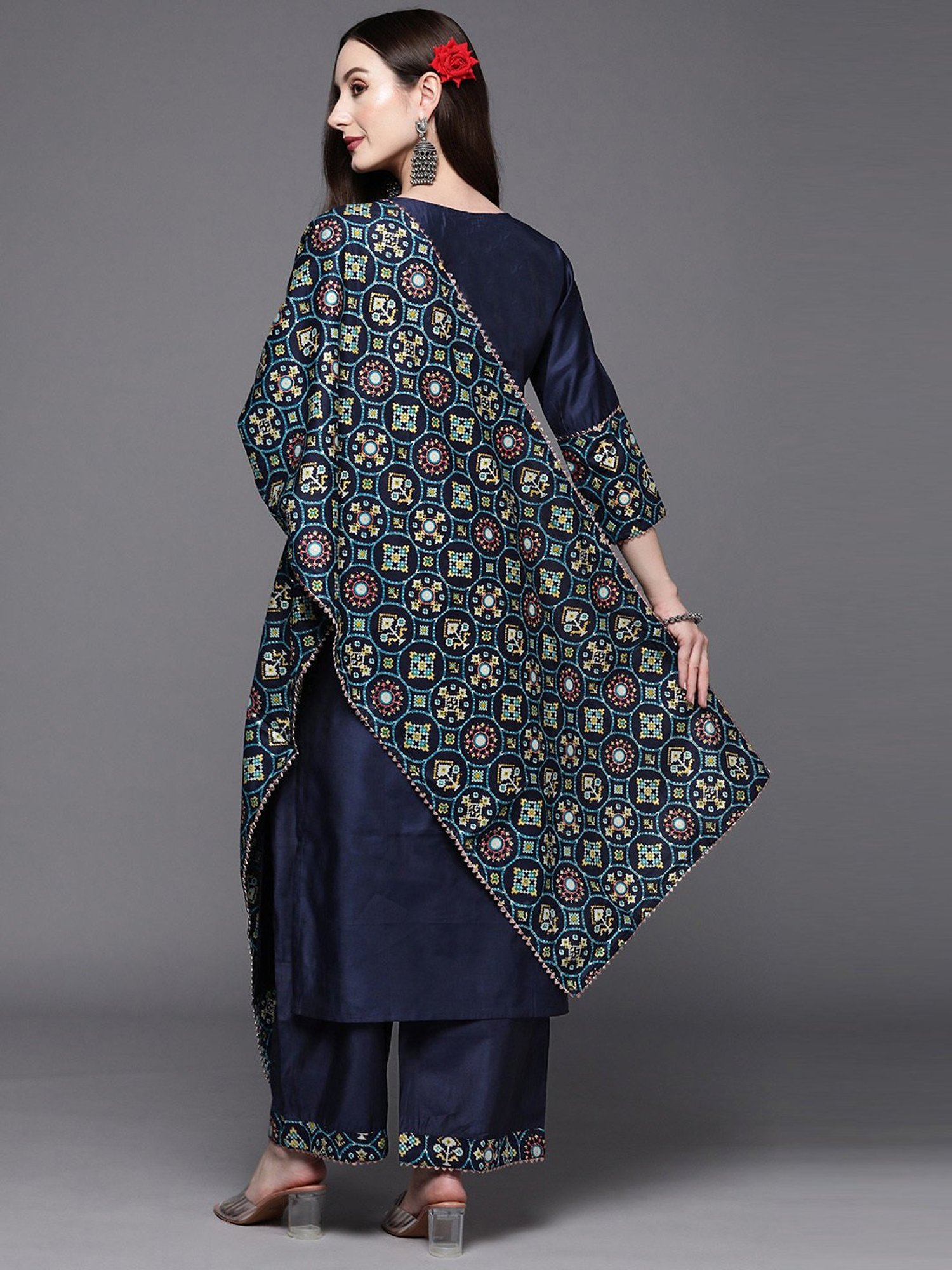 Indo Era Navy Printed Kurta Palazzo Set With Dupatta