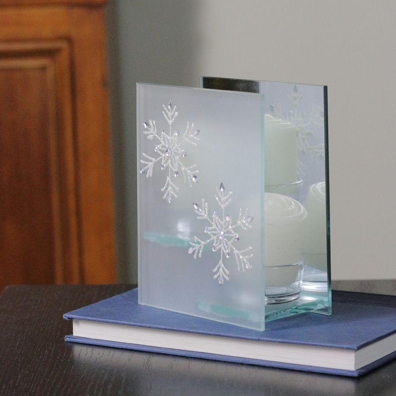 Melrose 6 " Frosted Glass Glittery Snowflake Votive Candle Holder - Green