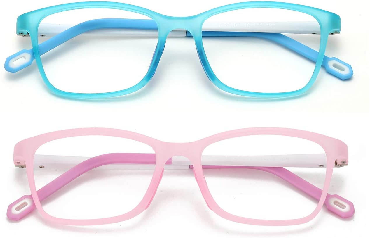 Blue Light Blocking Glasses Kids 2 Pack TR90 Square Flexible Frame Anti-Blue Light Anti-Eyestrain Anti-Glare Anti UV Age 3-12 Blue+Pink