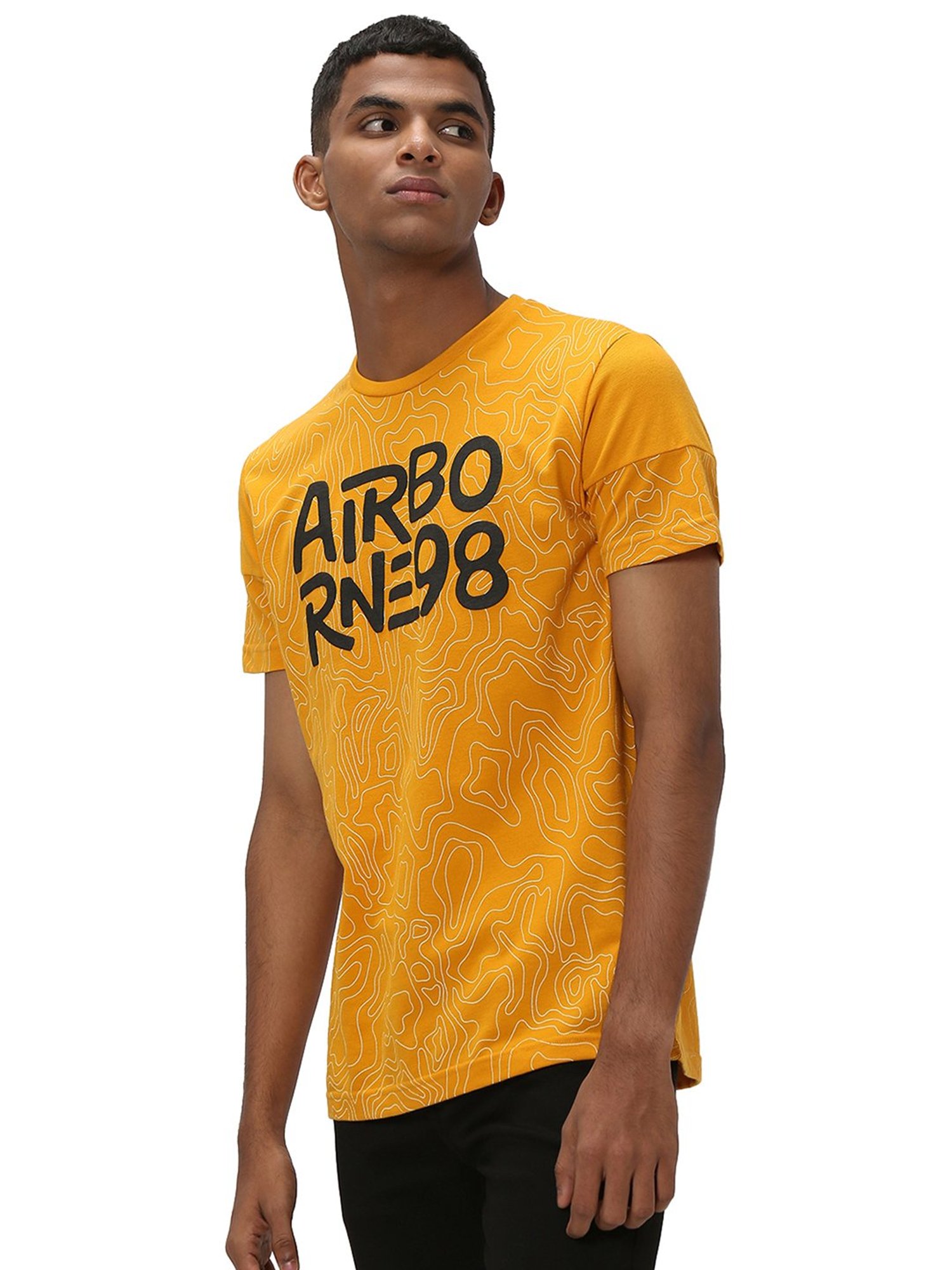 Mufti Mustard Slim Fit Printed Cotton Crew T-Shirt