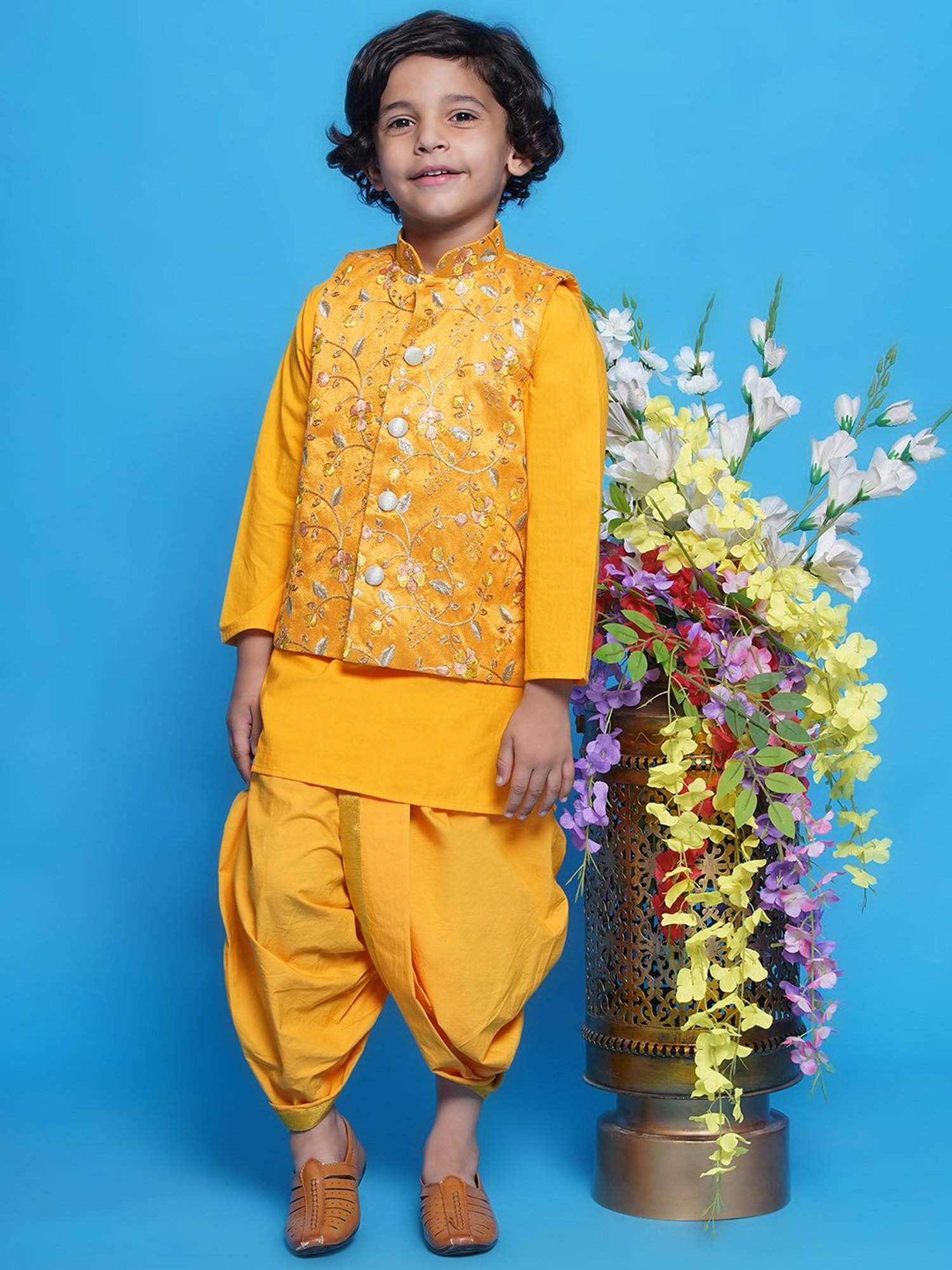 Little Bansi Boys Yellow Embroidered Full Sleeves Kurta, Dhoti with Jacket