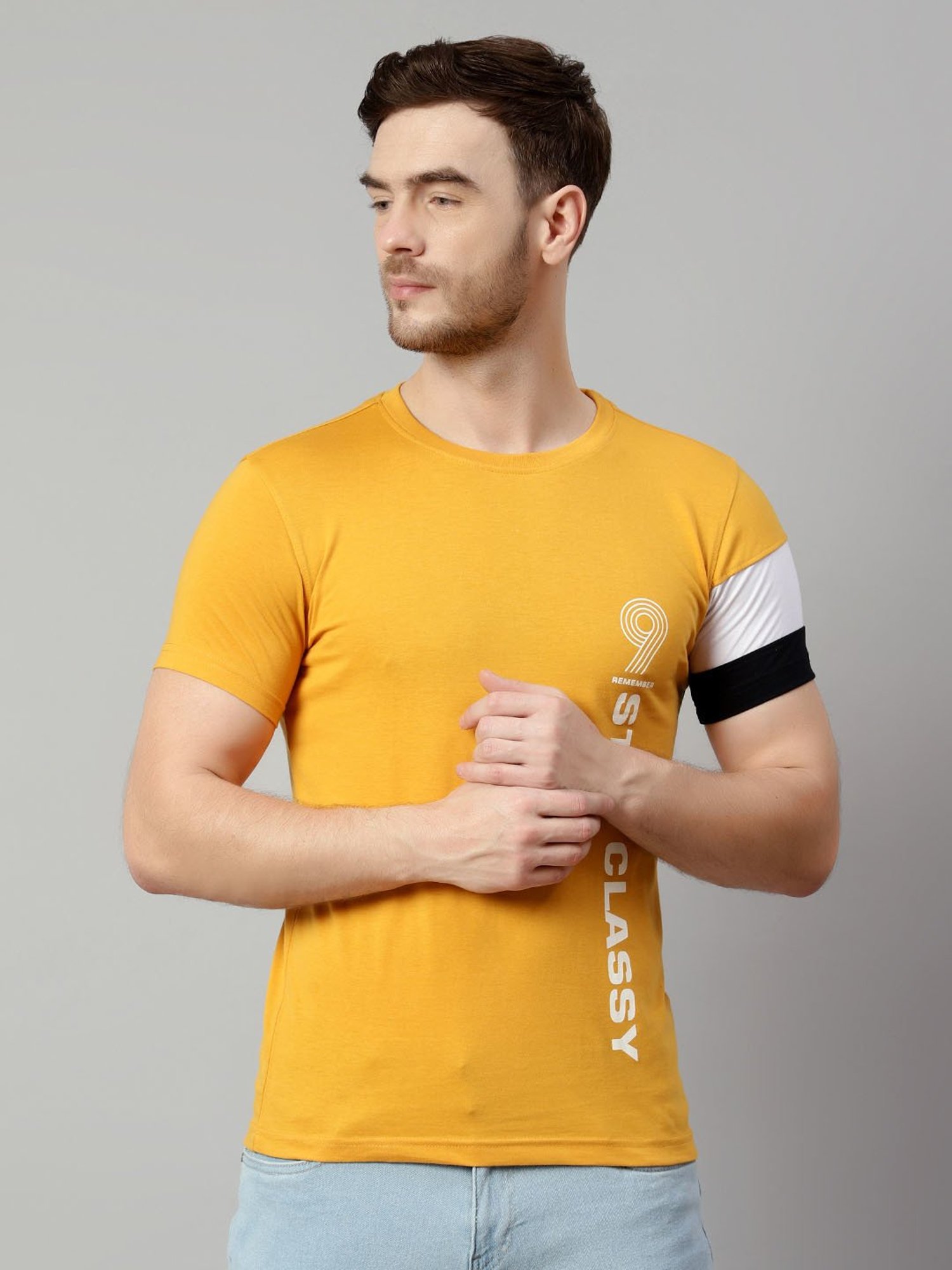 Cantabil Mustard Regular Fit Printed Crew T-Shirt