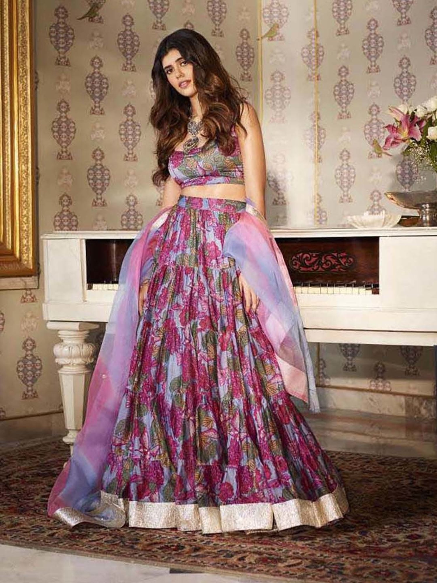 AACHHO Grey Floral Print Lehenga Choli Set With Dupatta