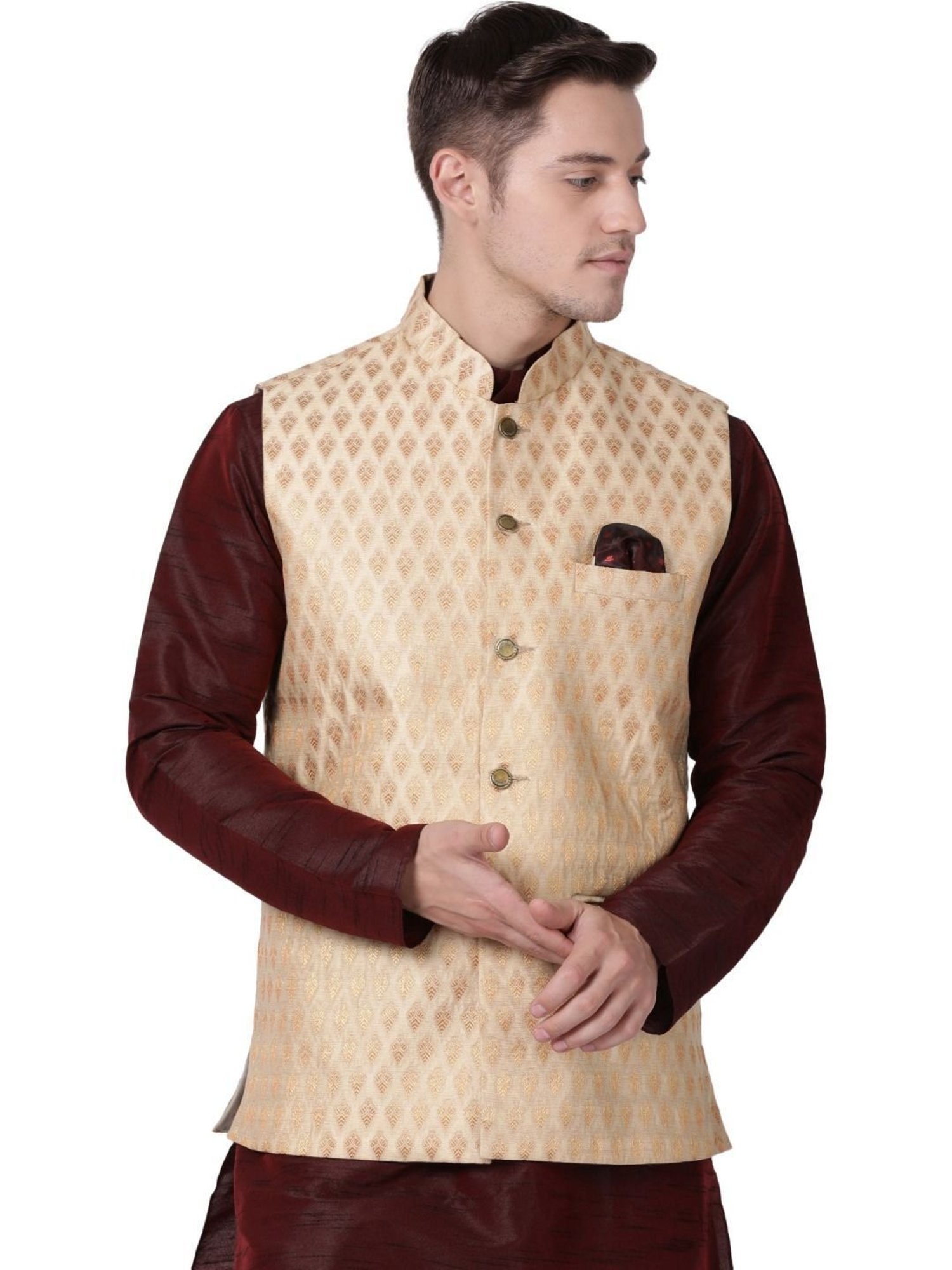TABARD Beige Regular Self Pattern Nehru Jacket