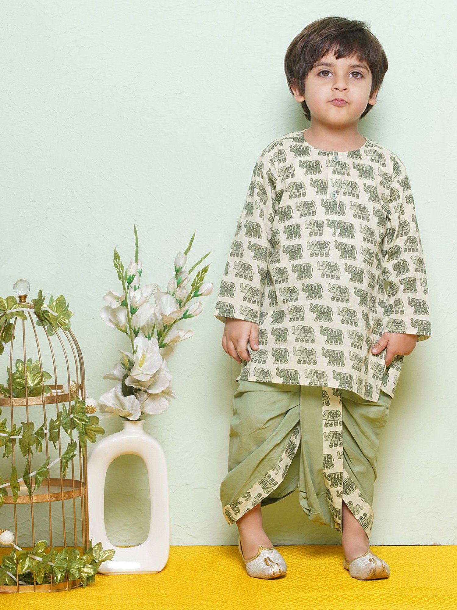 AJ Dezines Kids Green & White Printed Full Sleeves Kurta with Dhoti