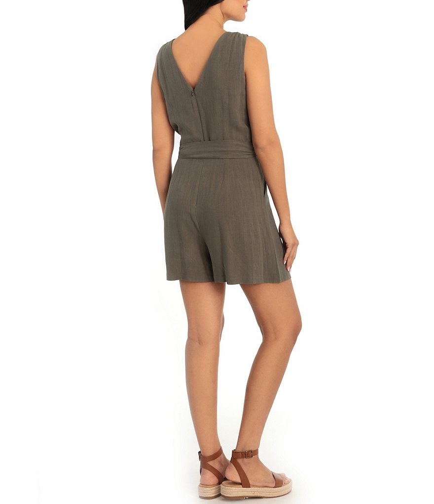 London Times V-Neck Sleeveless Pleated Belted Hip Pocket Romper