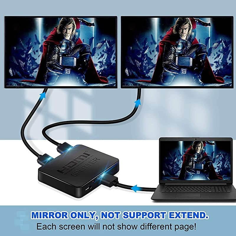 HDMI Splitter 1 in 2 Out, 4K HDMI Splitter for Dual Monitors Duplicate/Mirror Only, 1x2 HDMI Splitter 1 to 2 Amplifier for Full HD 1080P 3D with HDMI Cable (1 Source onto 2 Displays)
