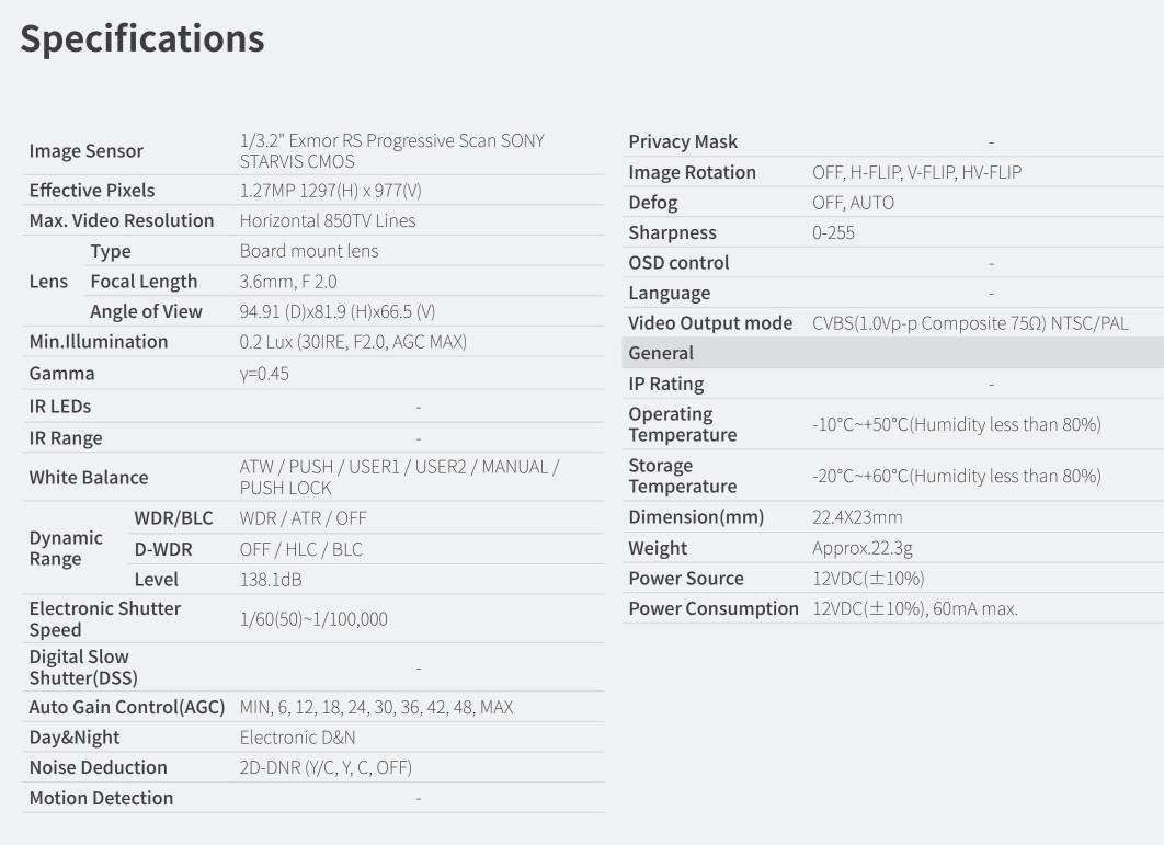 KT&C KPC-C20NU Super Miniature Camera 850 TVL Starvis 12V 23mm x 22mm, 3.6mm Lens replacement model of KPC-S23NH