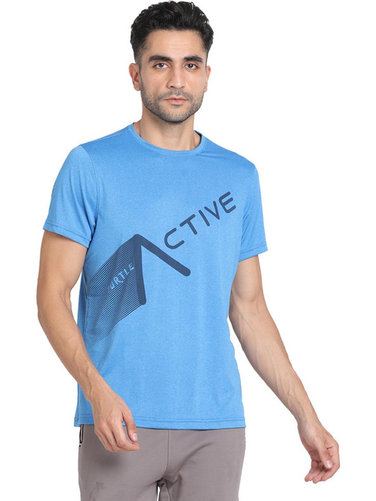 Turtle Blue Slim Fit Printed Sports T-Shirts