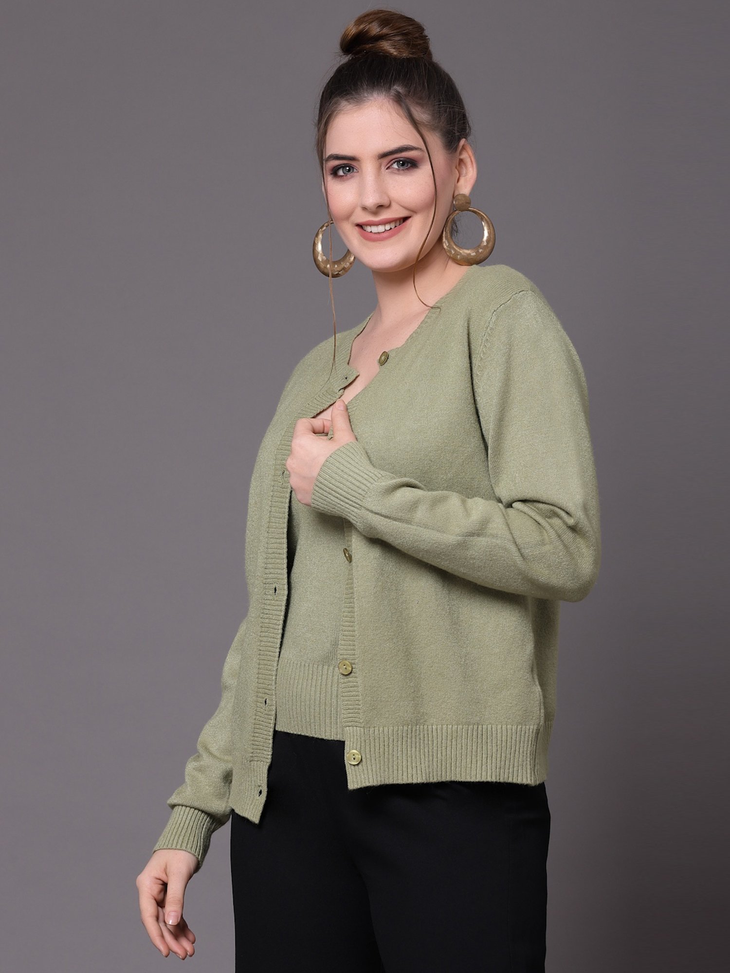 Mafadeny Green Round Neck Cardigan