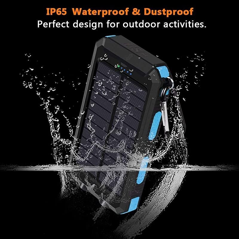 Solar Charger 20000mAh  Portable Outdoor Waterproof Solar Power Bank Camping External Battery Packs with Dual USB Output 2 Led Light Flashlight Compatible Most Smart Phones and Tablets(Blue)