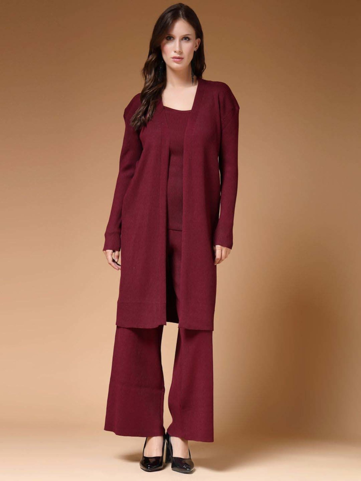 Mafadeny Maroon Plain Top Pants Set With Shrug