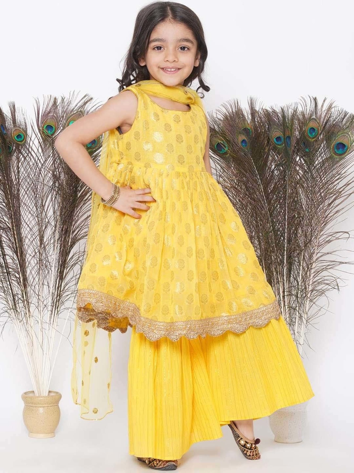 Little Bansi Yellow Cotton Floral Print Kurta Set