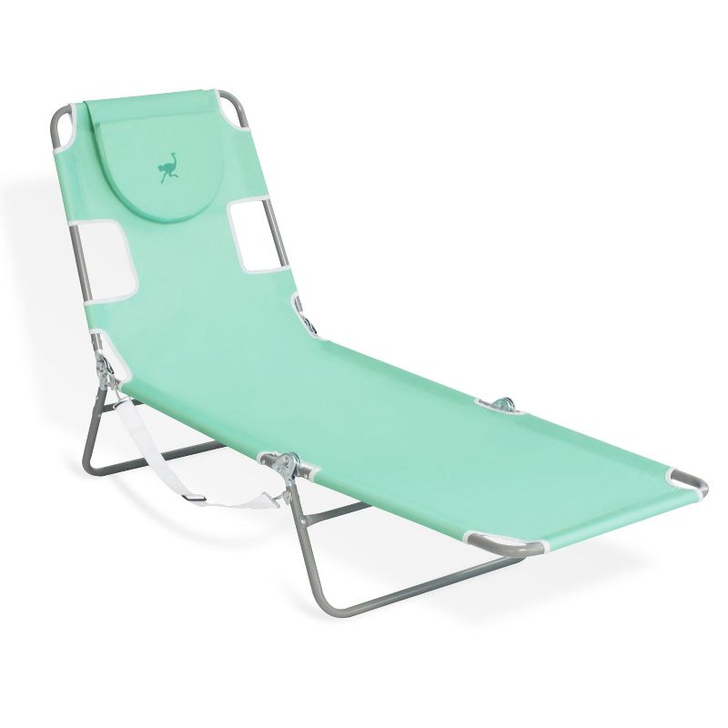 Ostrich Outdoor Lightweight Adjustable Folding Recliner Chaise Lounge Beach Pool Chair with Face Opening & Carrying Strap for Lake Patio Camping, Teal
