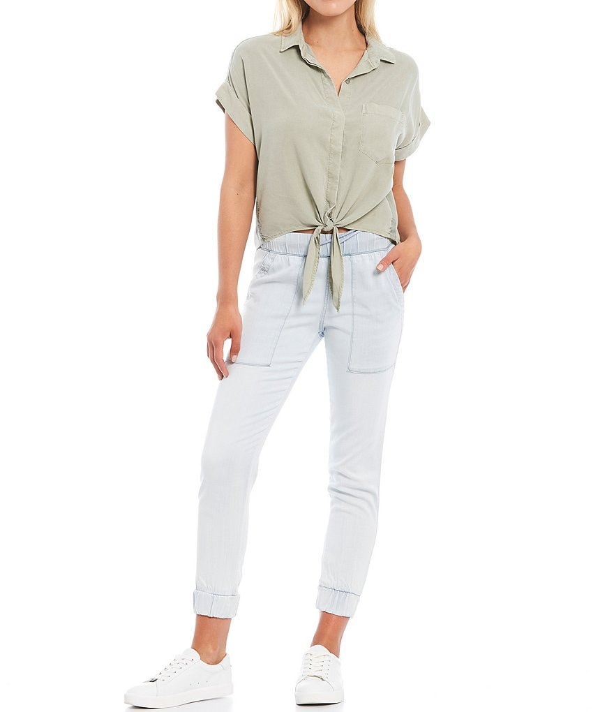 Cloth & Stone Woven Trimmed Short Sleeve Coordinating Tie Front Top