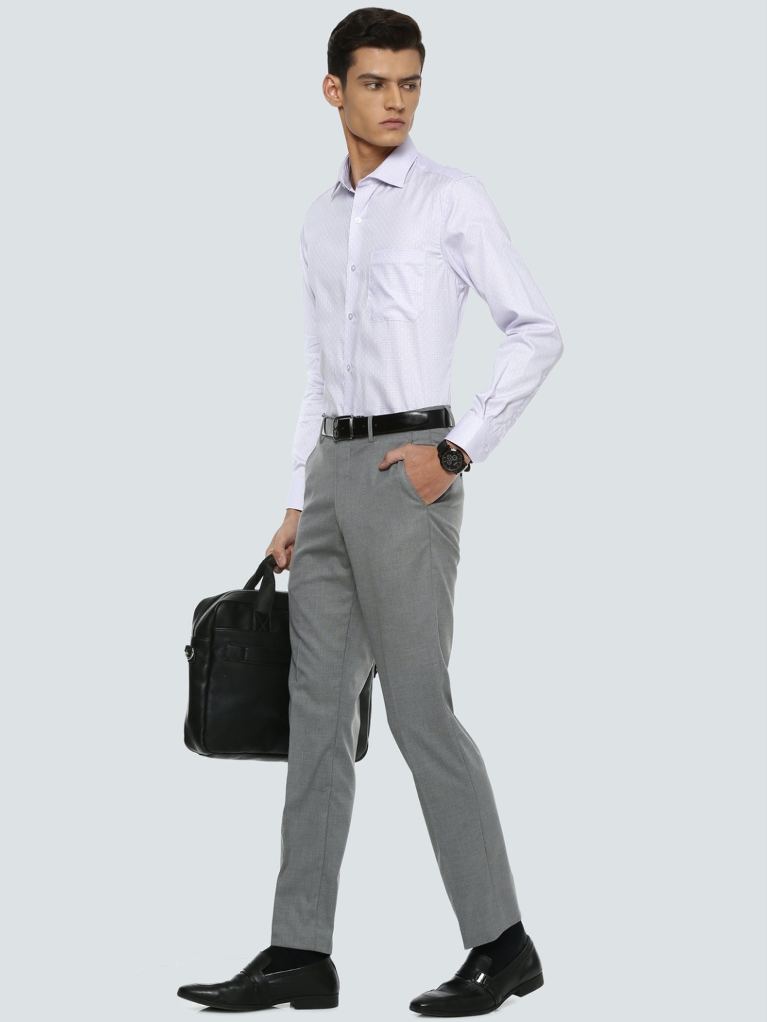 Louis Philippe Grey Slim Fit Self Pattern Flat Front Trousers