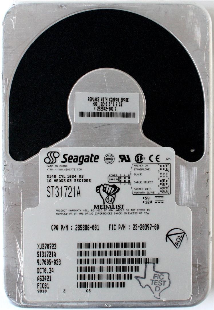 HDD IDE 1.6GB COMPAQ 292542-001, SEAGATE MEDALIST ST31721A, 9J7005-033, CPQ PN: 285886-001, FIC PN: 23-20397-00