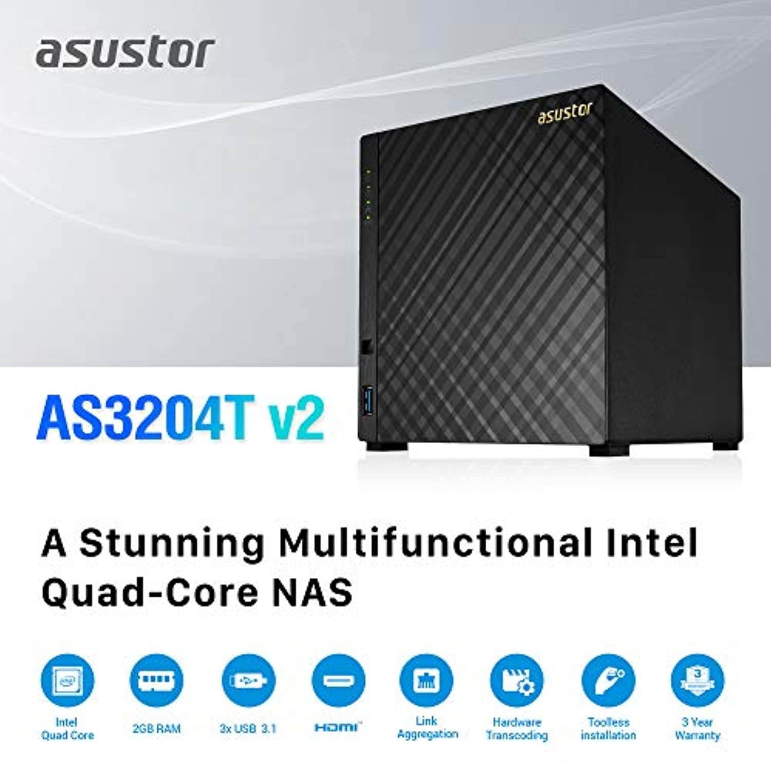 Asustor AS3204T v2 | Network Attached Storage and exFAT Key | 1.6GHz Quad Core, 2GB RAM | Personal Cloud | Home Server (4 Bay Diskless NAS) (AS3204TV2)