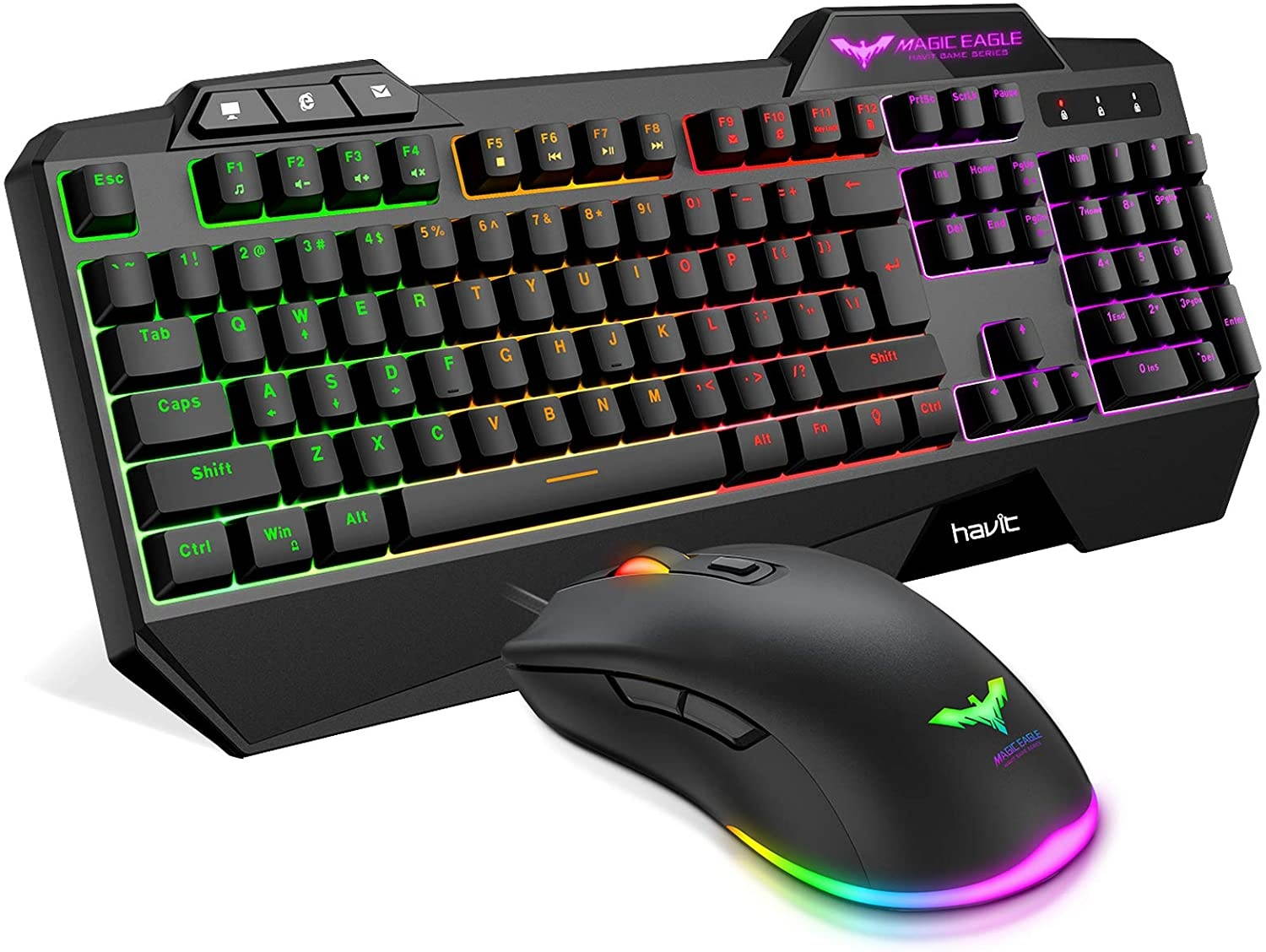 Havit Wired Gaming Keyboard Mouse Combo LED Rainbow Backlit Gaming Keyboard RGB Gaming Mouse Ergonomic Wrist Rest 104 Keys Keyboard Mouse 4800 DPI for Windows & Mac PC Gamers (Black)