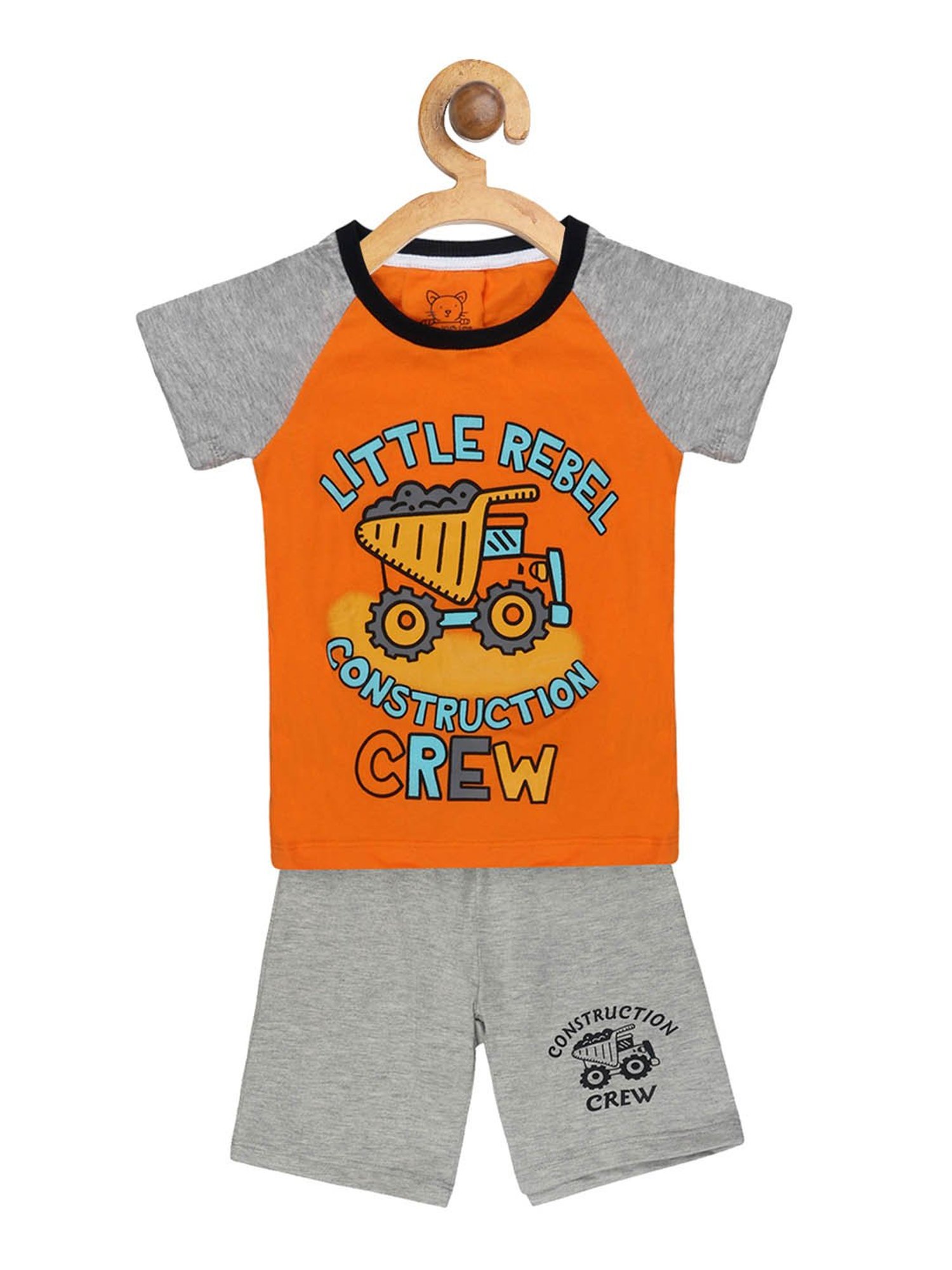 Lazy Shark Kids Orange & Grey Printed  T-Shirt with  Shorts