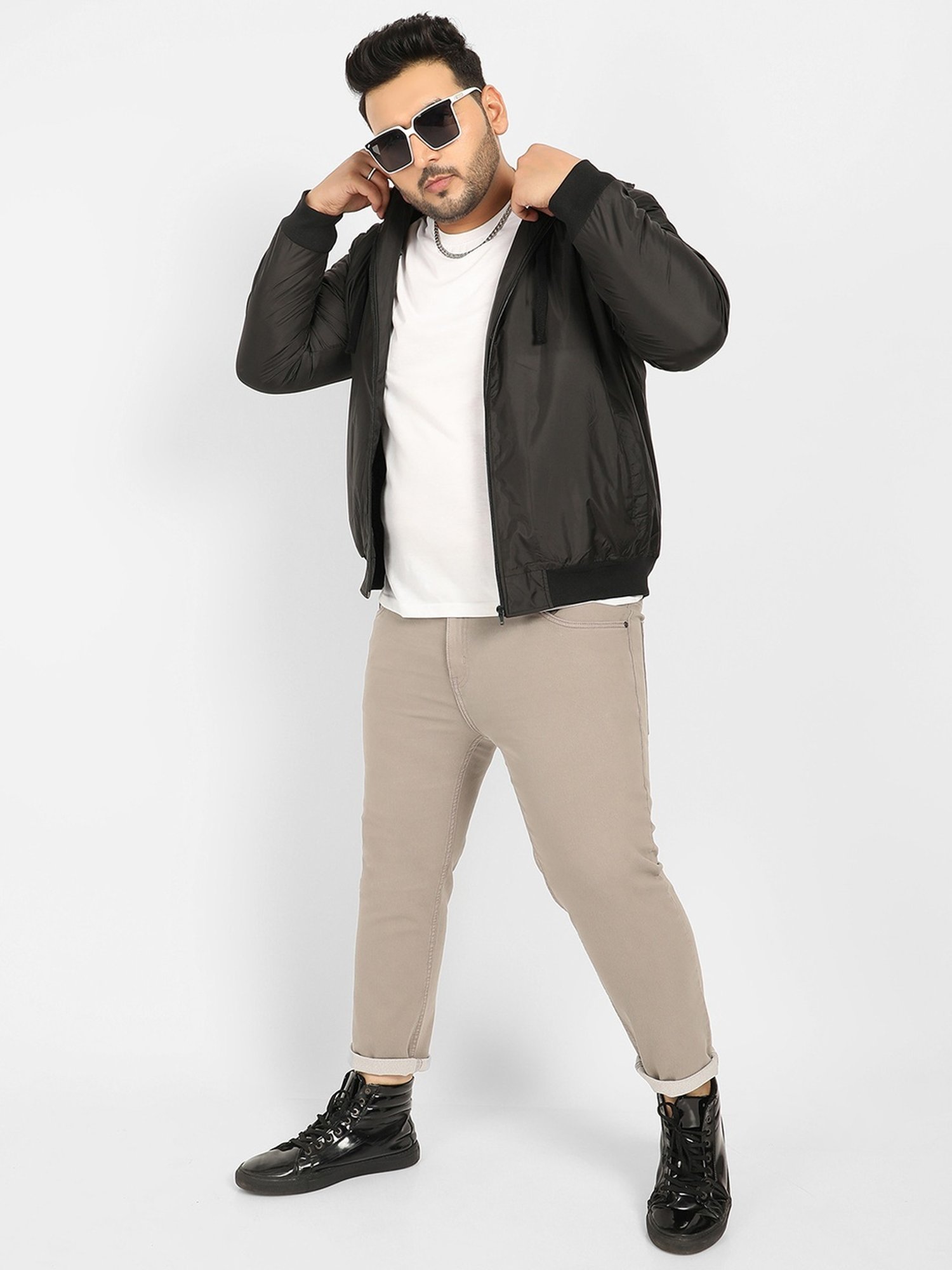 Instafab Plus Black Regular fit Plus Size Hooded Jacket