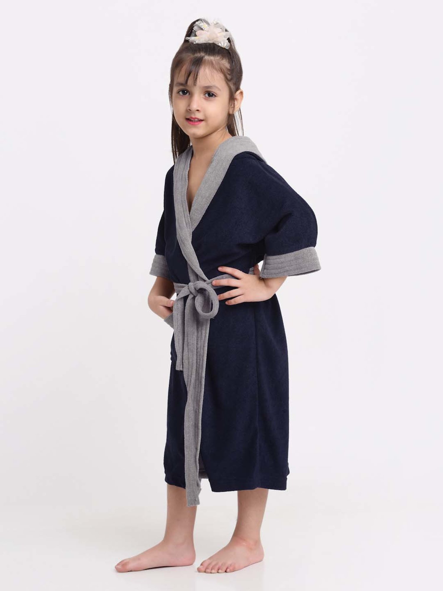 Creeva Melodious Navy & Grey Micro Terry 225 GSM Kids Hooded Bathrobe 14-15 Years With Pocket