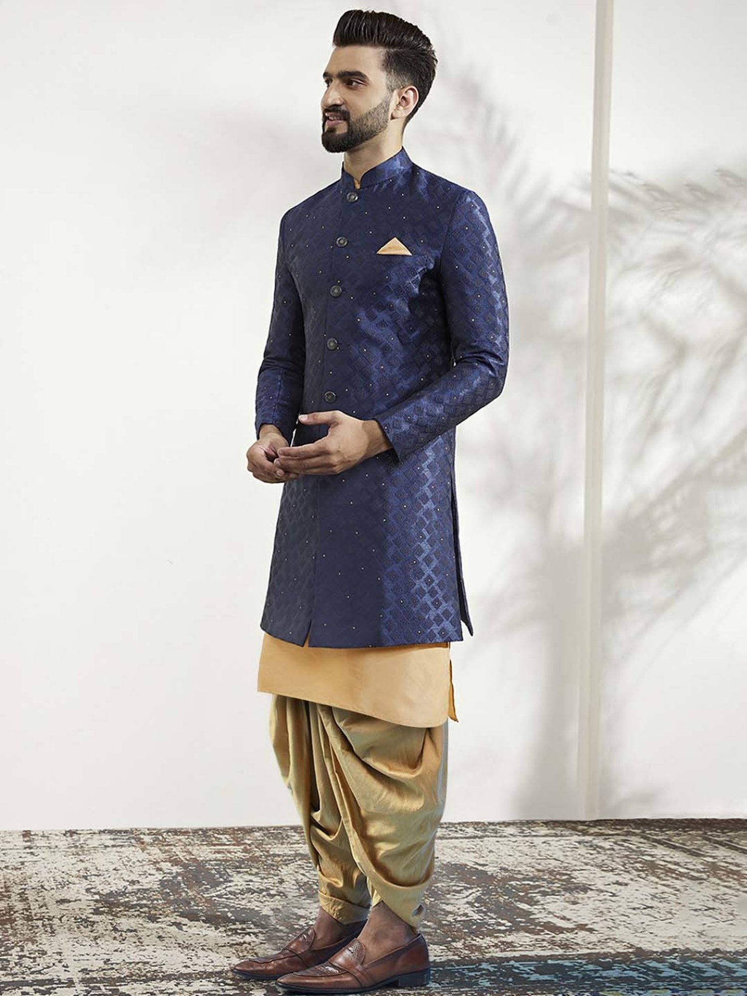 KISAH Blue & Beige Regular Fit Self Design Sherwani Set