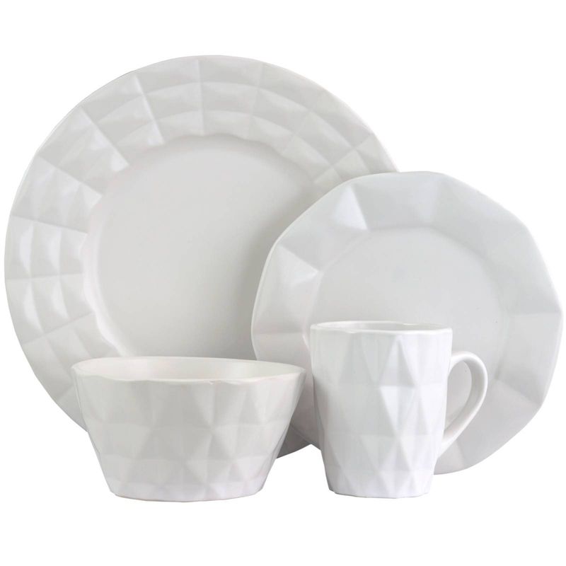 16pc Stoneware Diamond Cut Dinnerware Set White - Elama