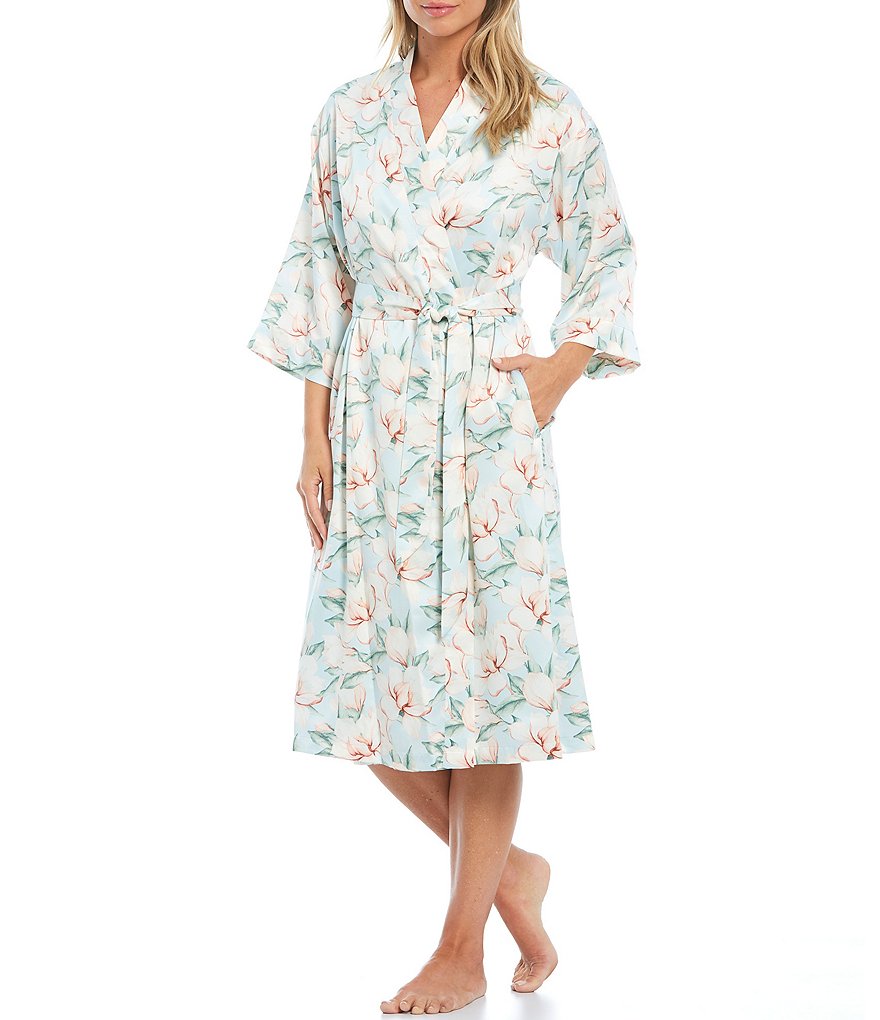 Cabernet Large Floral Print Satin Wrap Robe