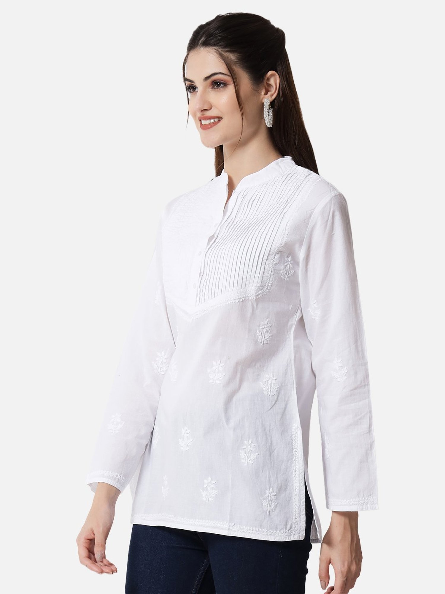 PARAMOUNT CHIKAN Pearl White Cotton Hand Embroidered Chikankari A Line Short Kurti