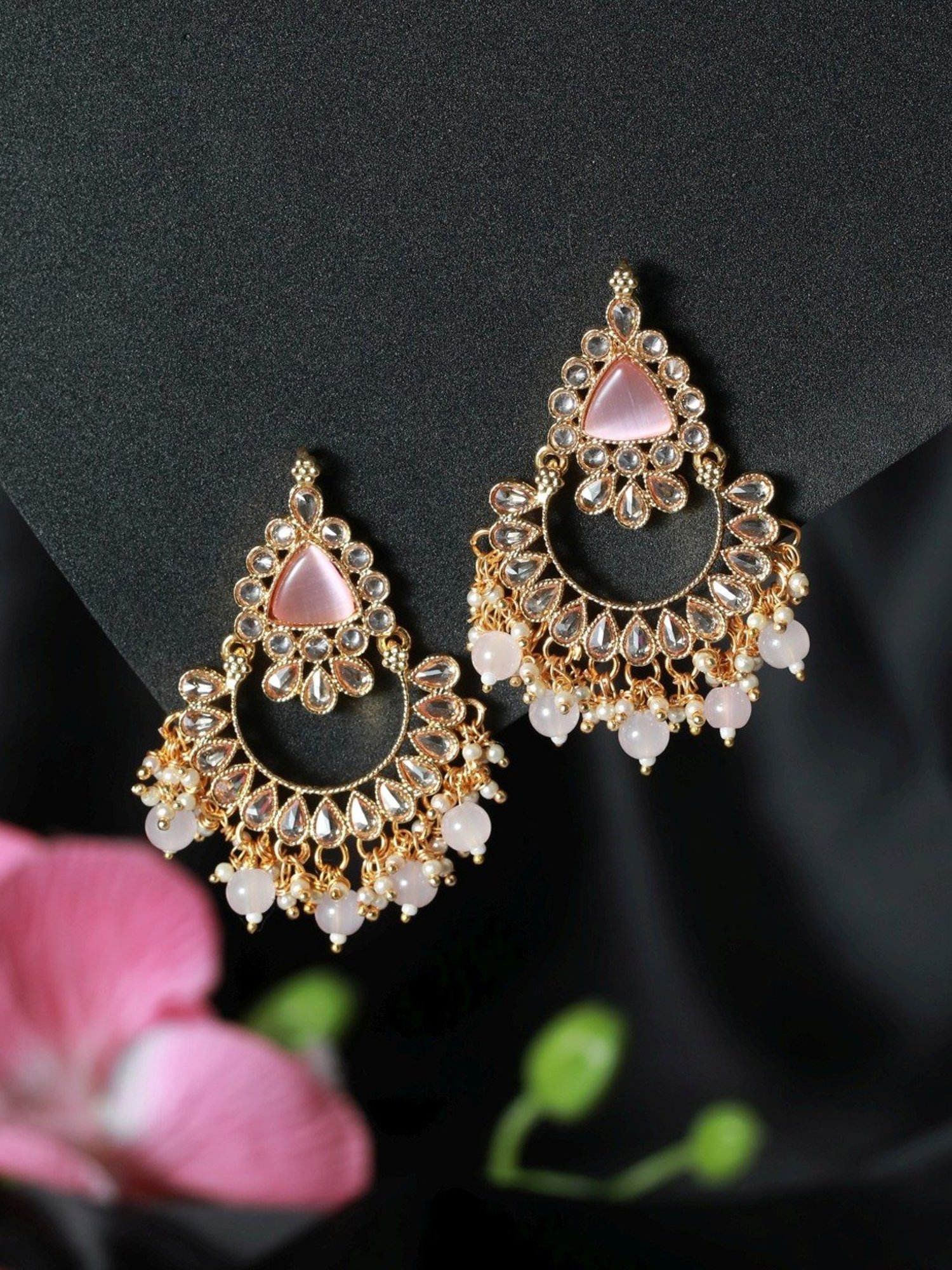 Aatmana White Kundan Studded & Pink Stone, Gold-Plated Chand Bali Earrings for Women