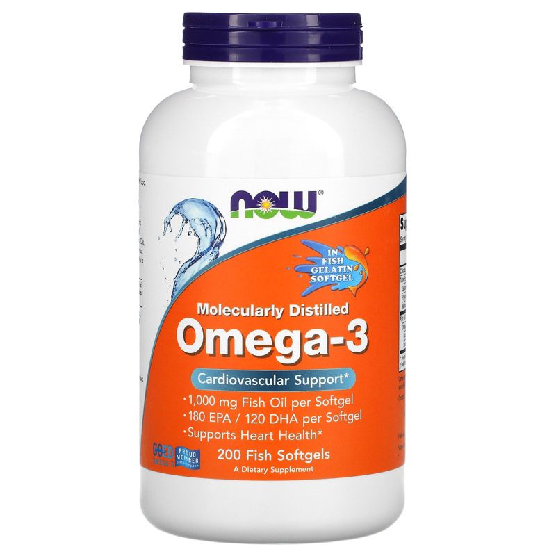 Now Foods Molecularly Distilled Omega-3, 200 Fish Softgels, Omegas and Fish Oil