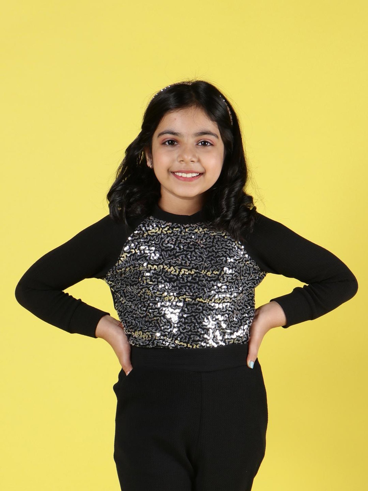 NEUDIS Kids Black Embellished Full Sleeves Top with Skirt