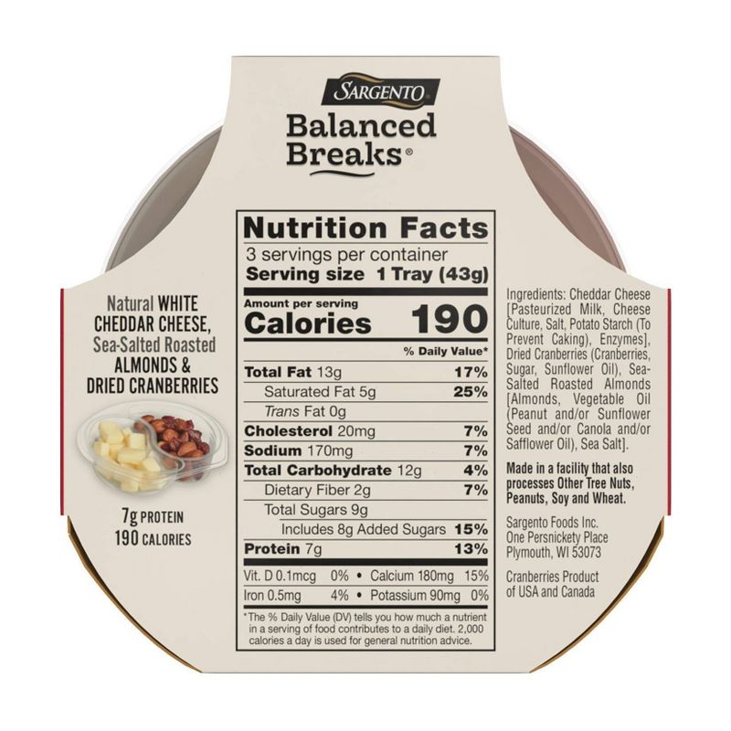 Sargento Balanced Breaks Natural White Cheddar, Sea-Salted Roasted Almonds & Dried Cranberries - 3pk/1.5oz