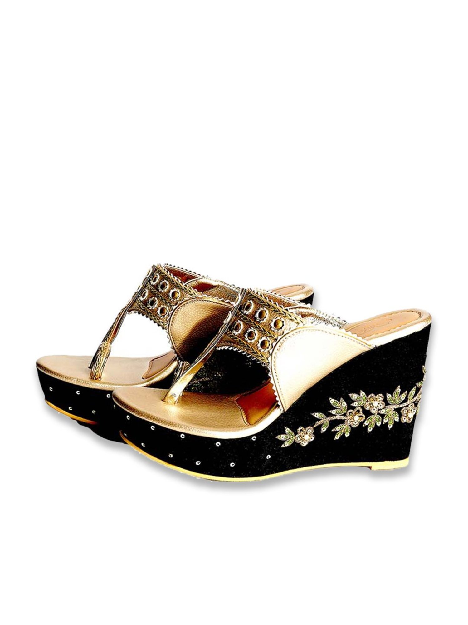 Sole House Women's Gold & Black Toe Ring Wedges