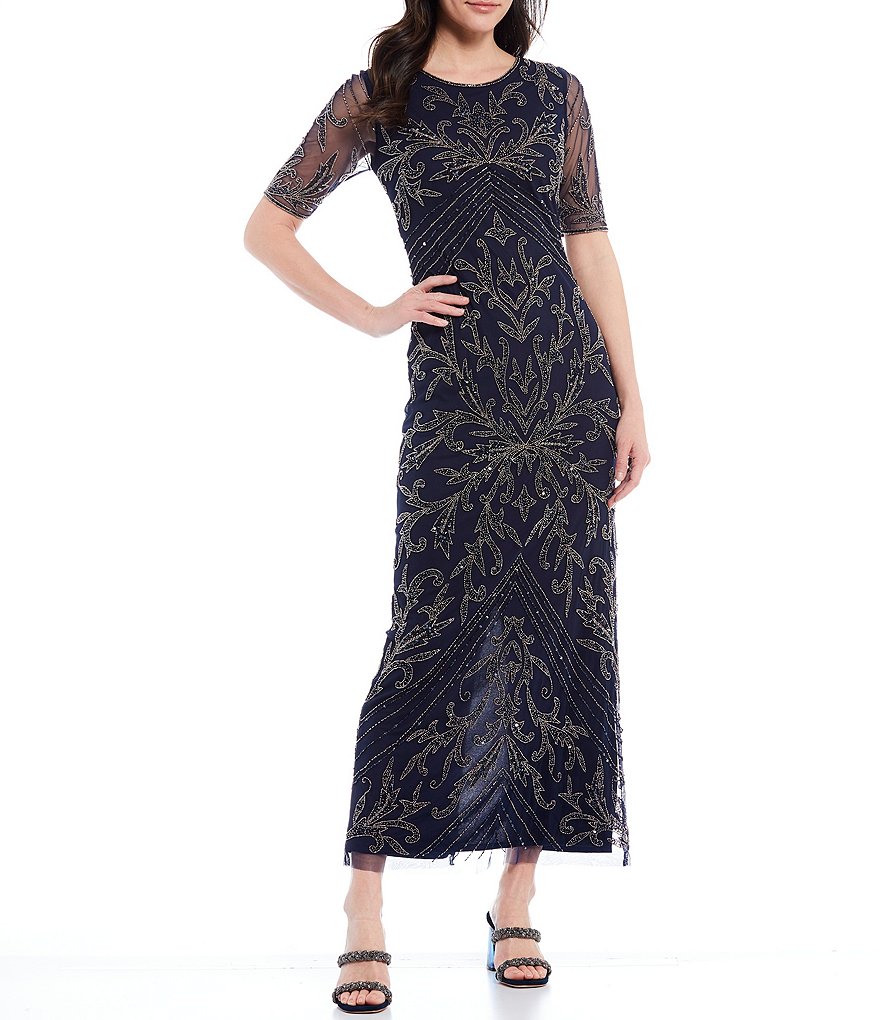 Pisarro Nights Short Sleeve Beaded Mesh Gown