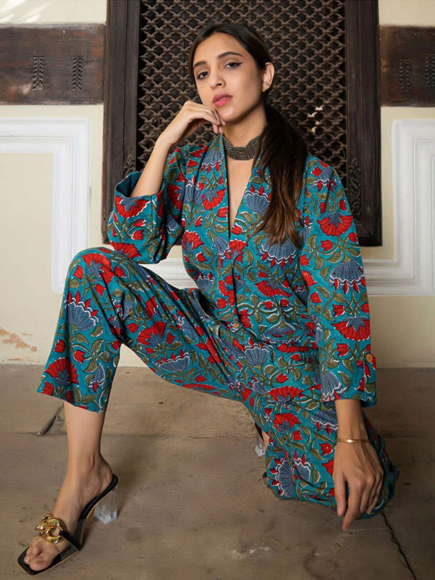 Eeshva India Green Hand Blocked Blazer with Pant In Cotton