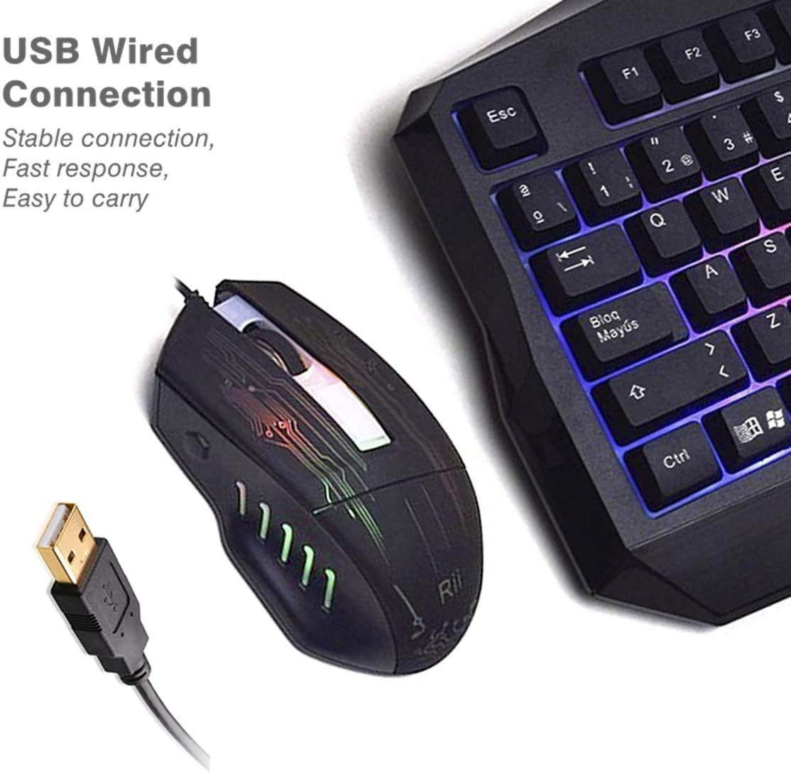 Rii Gaming Keyboard and Mouse Combo,LED Rainbow Backlit USB Wired Computer Keyboard 104 Key,Spill-Resistant Design,Ergonomic Wrist Rest Keyboard Mouse Set for Windows PC Gamer. Black