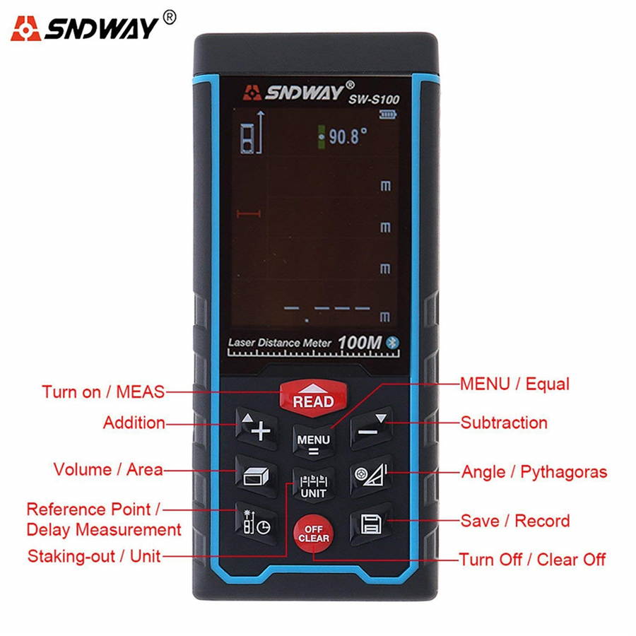 Sndway SW-S100 Laser Distance Meter 100m 328ft Digital Distance Meter 100m Laser Rangefinder Area Volume Diastimeter S100