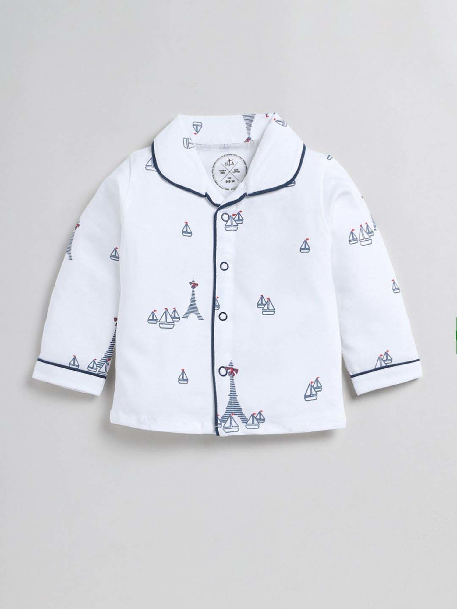 Clt.s Boys White Cotton Printed Full Sleeves Top Set